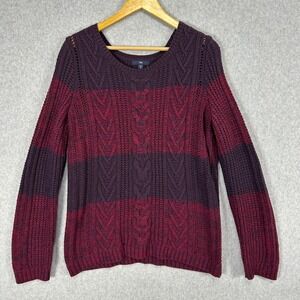 Gap Cable Knit Sweater Wool Blend Purple‎ Burgundy Red Striped Womens XL READ